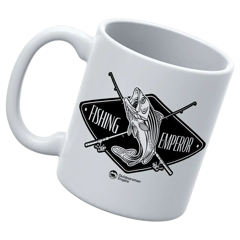 Fishing Emperor v2 11oz Mug with UV printed design, showcasing its sturdy ceramic build and glazed finish.